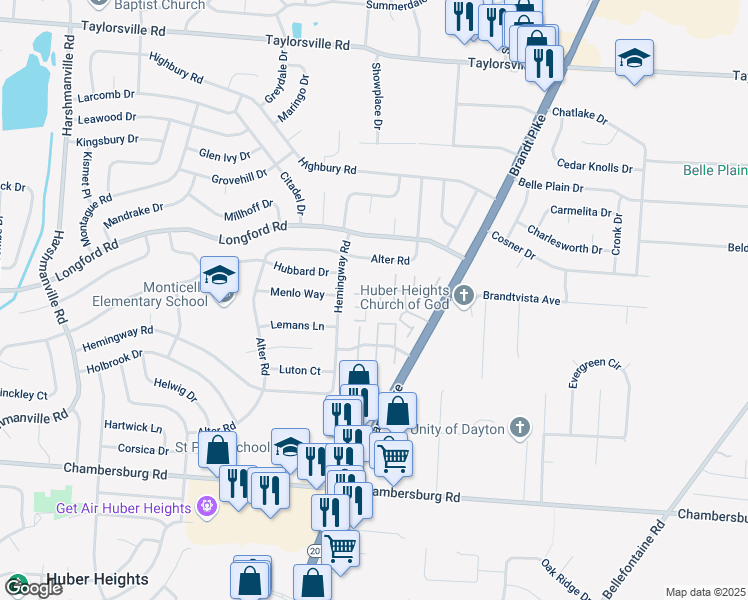 map of restaurants, bars, coffee shops, grocery stores, and more near 6724 Barbara Drive in Dayton