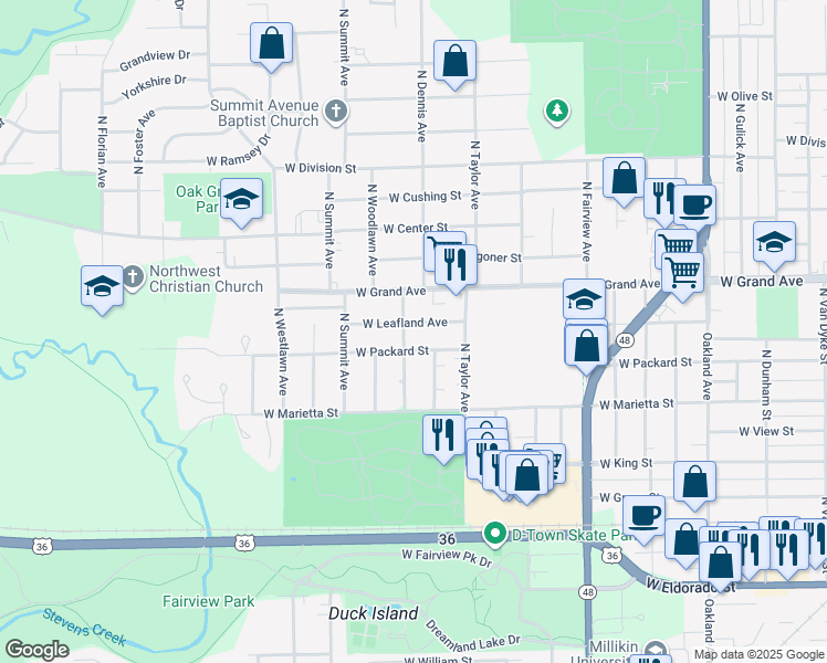 map of restaurants, bars, coffee shops, grocery stores, and more near 1200-1298 North Dennis Avenue in Decatur