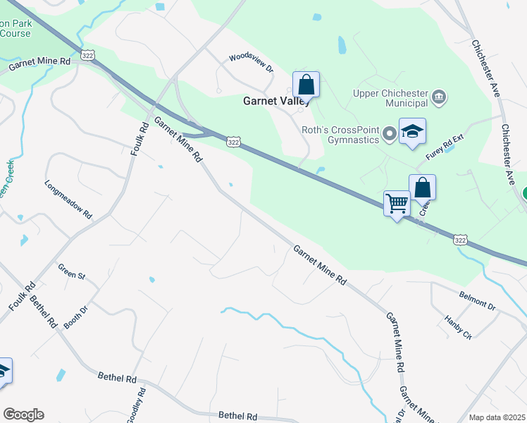 map of restaurants, bars, coffee shops, grocery stores, and more near 1540 Garnet Mine Road in Garnet Valley