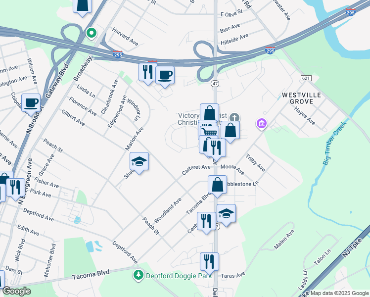 map of restaurants, bars, coffee shops, grocery stores, and more near 1205 Chestnut Lane in Deptford Township