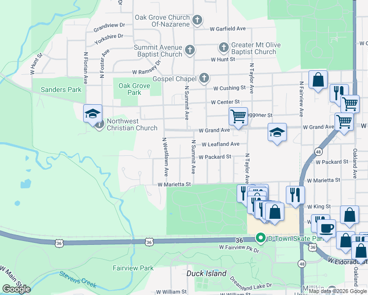 map of restaurants, bars, coffee shops, grocery stores, and more near 2001-2099 West Leafland Avenue in Decatur