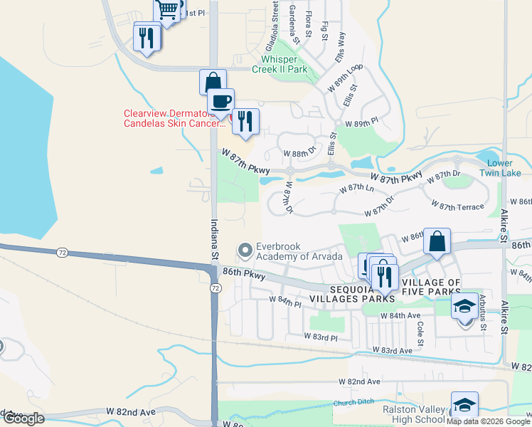 map of restaurants, bars, coffee shops, grocery stores, and more near 8755 Gardenia Circle in Arvada