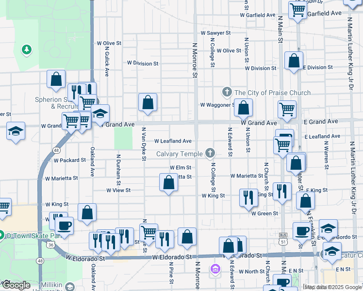 map of restaurants, bars, coffee shops, grocery stores, and more near 669 West Leafland Avenue in Decatur