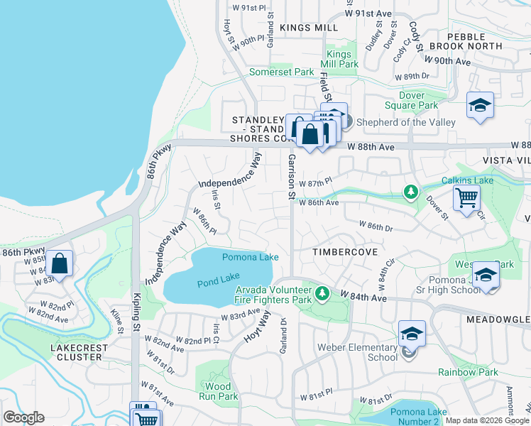 map of restaurants, bars, coffee shops, grocery stores, and more near 8708 Garrison Court in Arvada