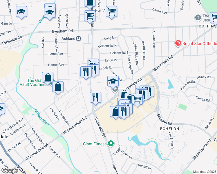 map of restaurants, bars, coffee shops, grocery stores, and more near 112 Somerdale Road in Voorhees Township