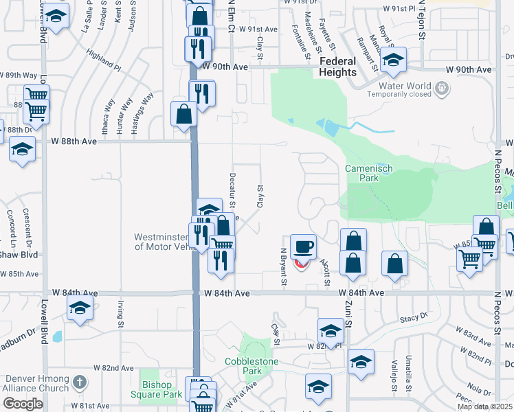 map of restaurants, bars, coffee shops, grocery stores, and more near 8645 Clay Street in Westminster