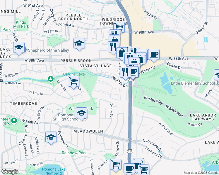 map of restaurants, bars, coffee shops, grocery stores, and more near 7770 West 87th Drive in Arvada