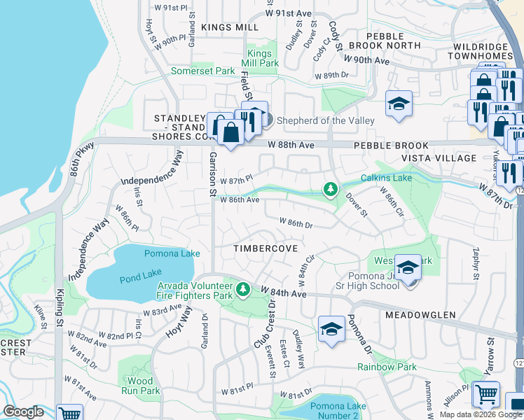 map of restaurants, bars, coffee shops, grocery stores, and more near 8888 West 86th Drive in Westminster