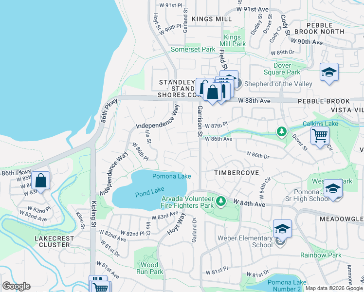 map of restaurants, bars, coffee shops, grocery stores, and more near 8708 Garrison Court in Arvada