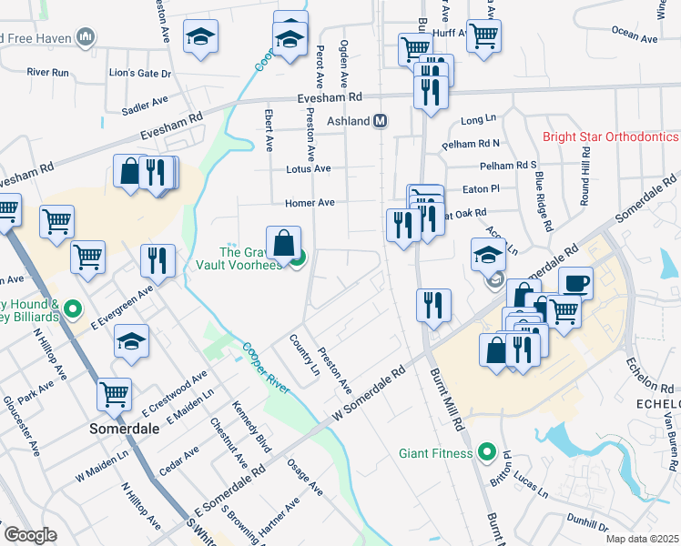 map of restaurants, bars, coffee shops, grocery stores, and more near 400 Preston Avenue in Voorhees Township
