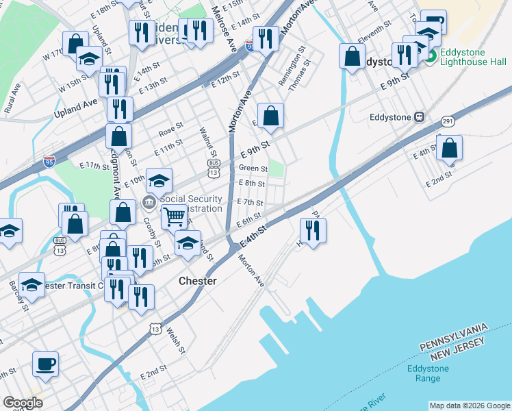 map of restaurants, bars, coffee shops, grocery stores, and more near 701 McIlvain Street in Chester