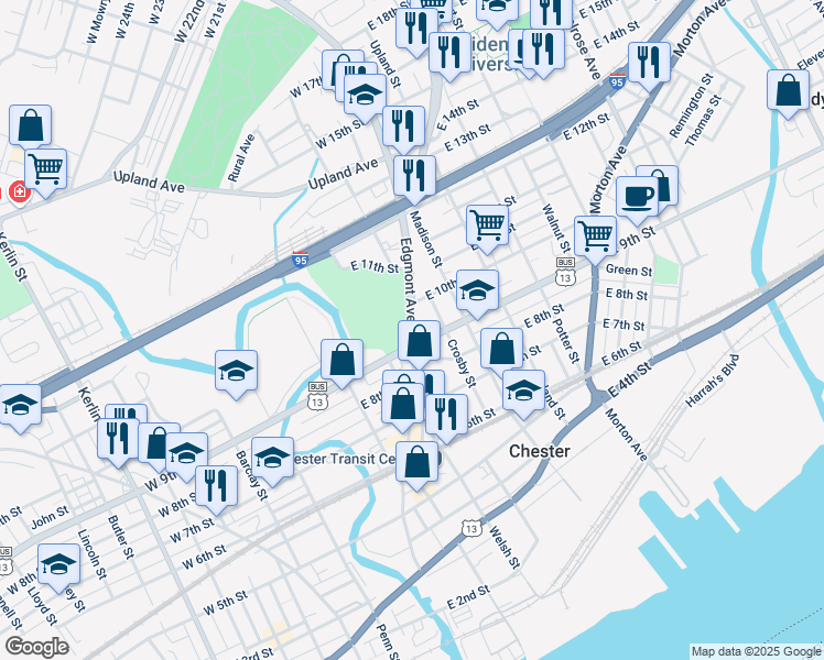 map of restaurants, bars, coffee shops, grocery stores, and more near 910 Crosby Street in Chester