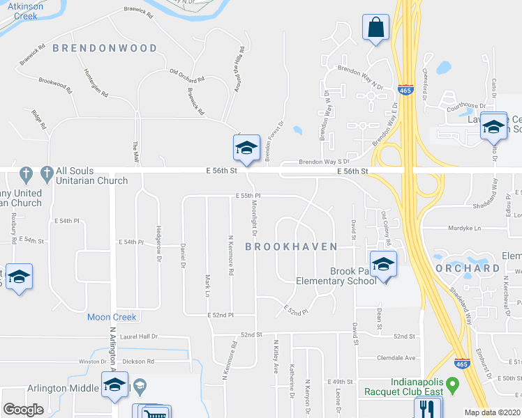 map of restaurants, bars, coffee shops, grocery stores, and more near 5515 Moonlight Drive in Indianapolis