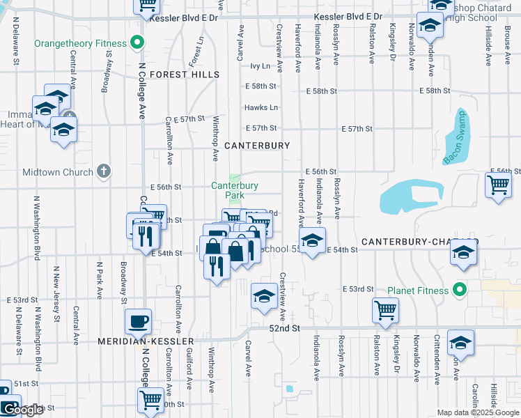map of restaurants, bars, coffee shops, grocery stores, and more near 1211 Crawford Drive in Indianapolis
