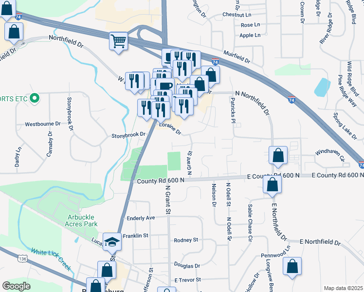 map of restaurants, bars, coffee shops, grocery stores, and more near 726 Greenridge Parkway in Brownsburg
