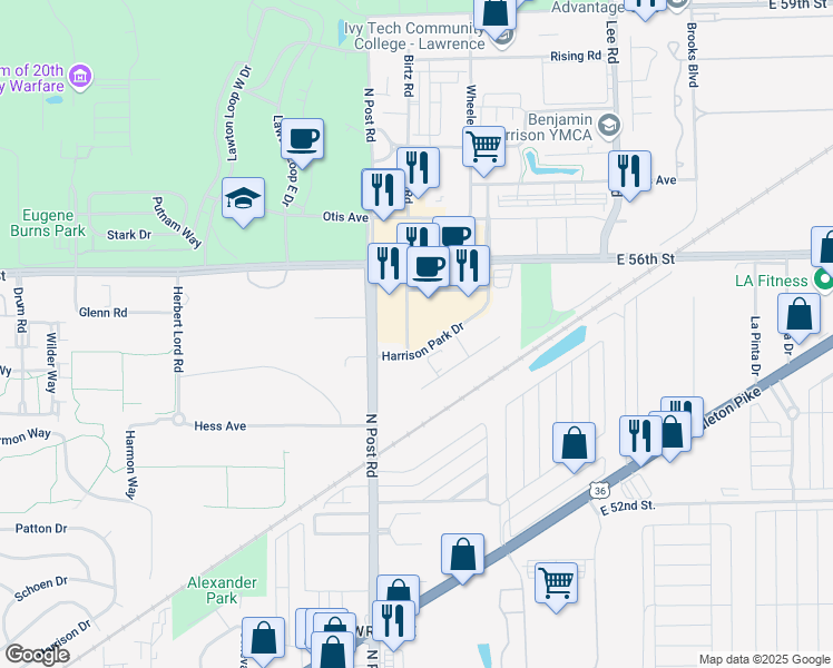 map of restaurants, bars, coffee shops, grocery stores, and more near 5401 North Post Road in Indianapolis