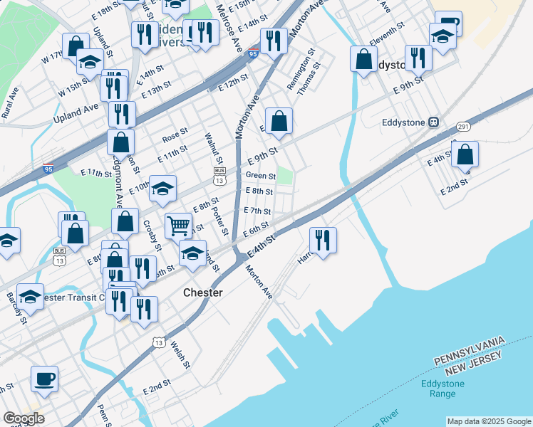 map of restaurants, bars, coffee shops, grocery stores, and more near 717 East 7th Street in Chester