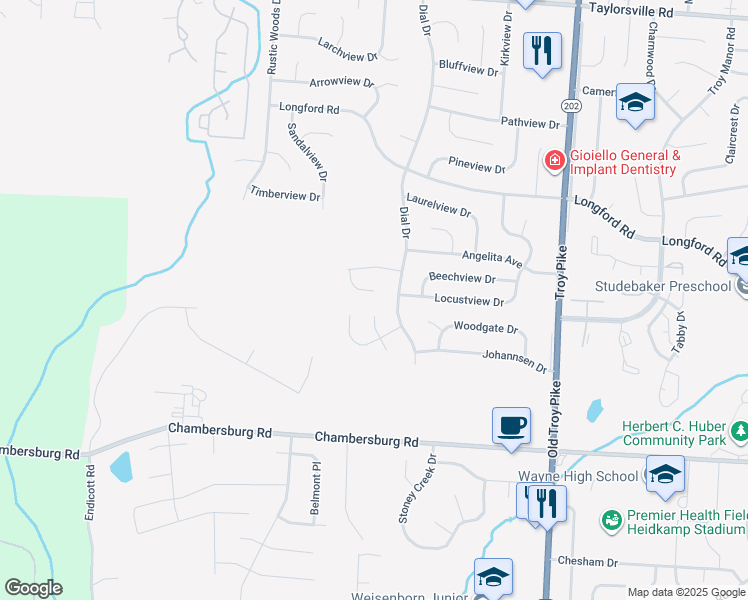 map of restaurants, bars, coffee shops, grocery stores, and more near 6532 Wrenview Court in Dayton