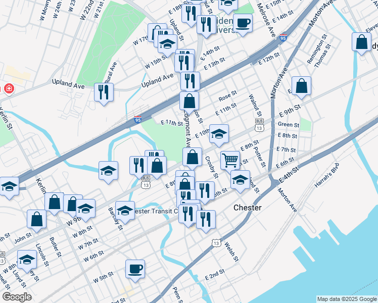 map of restaurants, bars, coffee shops, grocery stores, and more near 910 Crosby Street in Chester