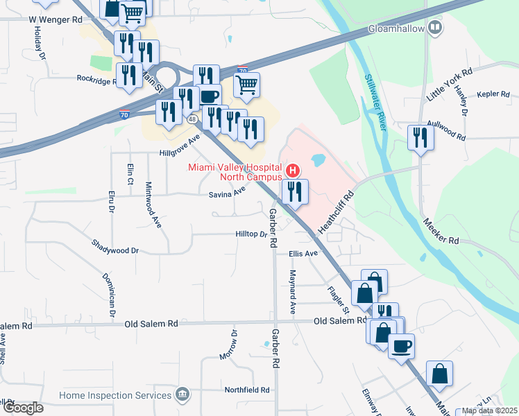 map of restaurants, bars, coffee shops, grocery stores, and more near 7321 Copperside Lane in Dayton