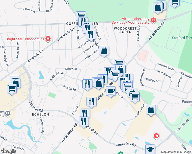 map of restaurants, bars, coffee shops, grocery stores, and more near 23 Franklin Place in Voorhees Township