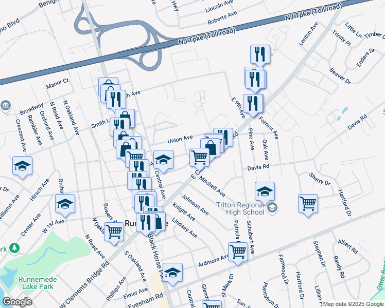 map of restaurants, bars, coffee shops, grocery stores, and more near 301 East 3rd Avenue in Runnemede