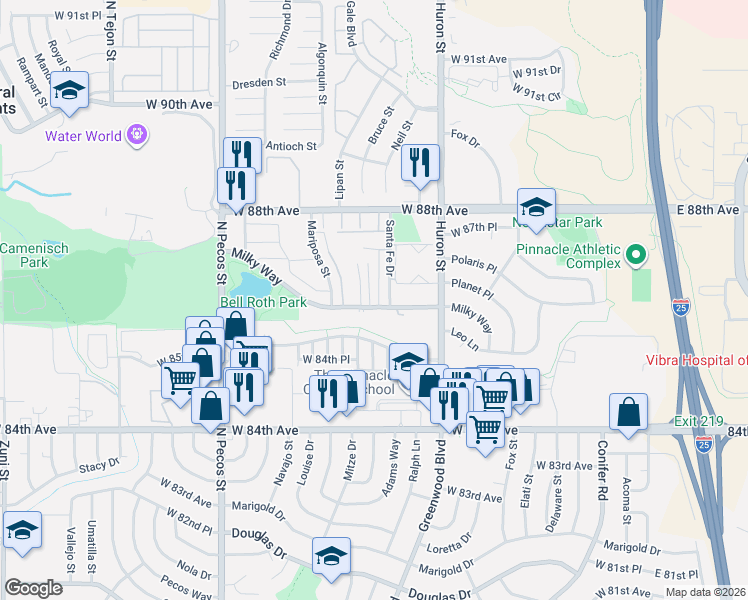 map of restaurants, bars, coffee shops, grocery stores, and more near 1075 Milky Way in Thornton