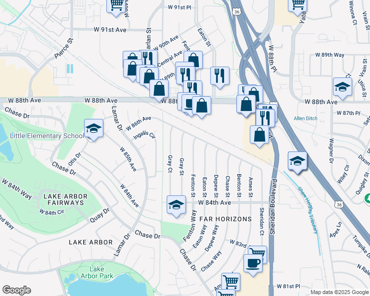 map of restaurants, bars, coffee shops, grocery stores, and more near 8579 Fenton Street in Arvada