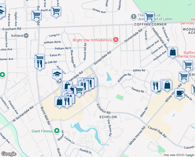 map of restaurants, bars, coffee shops, grocery stores, and more near 149 Echelon Road in Voorhees Township
