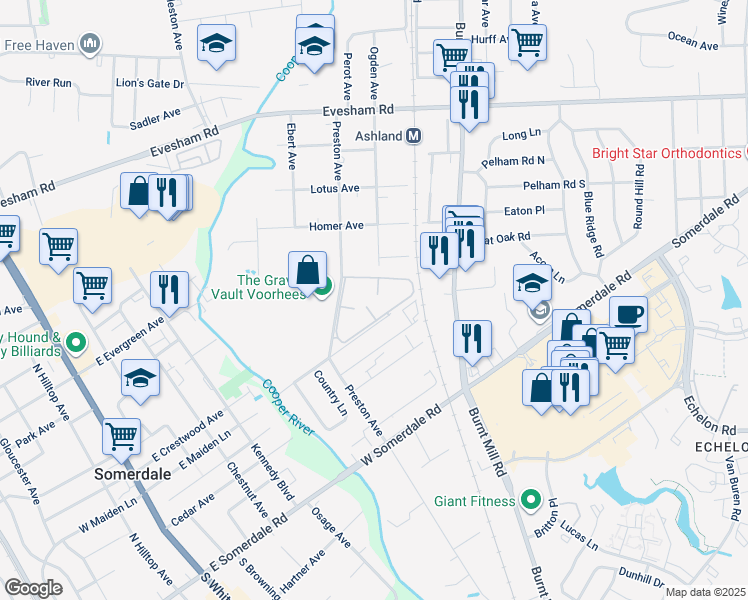 map of restaurants, bars, coffee shops, grocery stores, and more near 0 Voorhees Drive in Voorhees Township