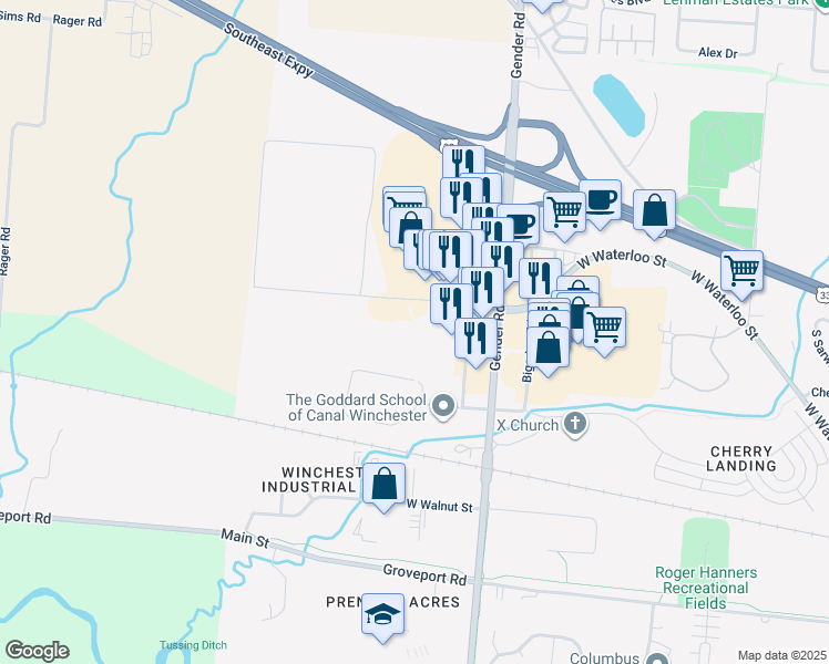 map of restaurants, bars, coffee shops, grocery stores, and more near 6401 Winchester Boulevard in Canal Winchester