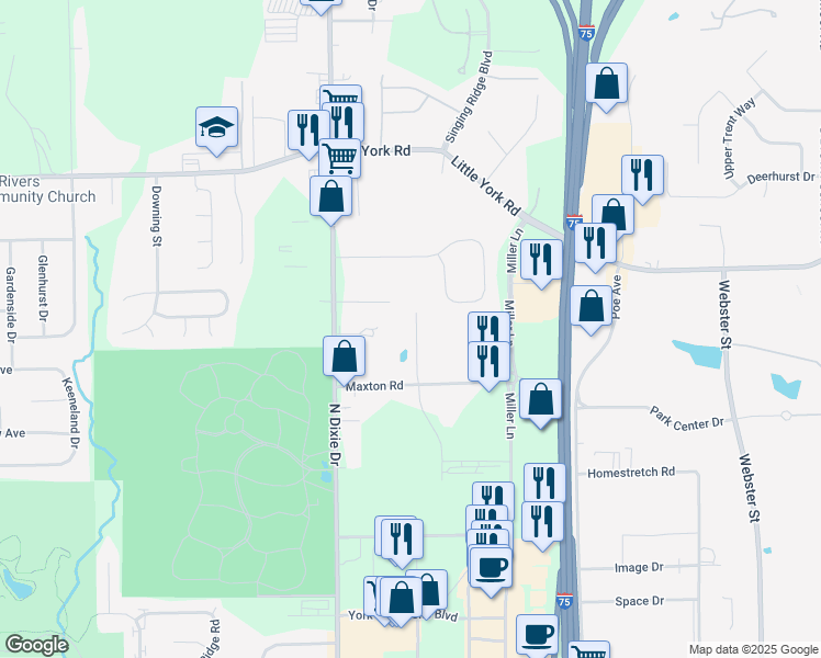 map of restaurants, bars, coffee shops, grocery stores, and more near 8448 North Dixie Drive in Dayton