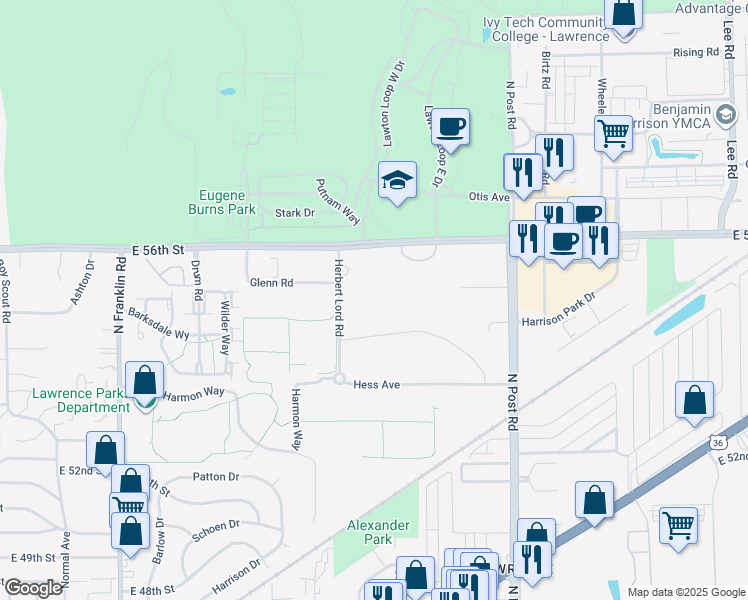 map of restaurants, bars, coffee shops, grocery stores, and more near in Indianapolis