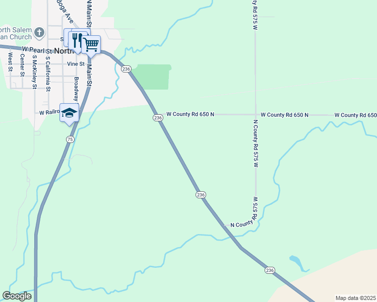 map of restaurants, bars, coffee shops, grocery stores, and more near 6125 Indiana 236 in North Salem