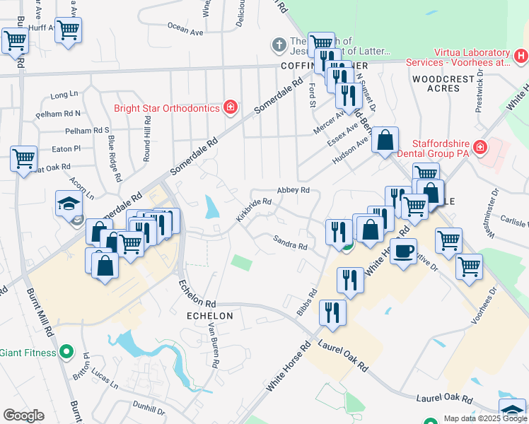 map of restaurants, bars, coffee shops, grocery stores, and more near 515 Gregorys Way in Voorhees Township