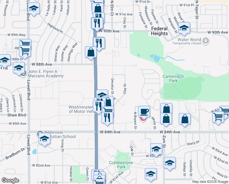 map of restaurants, bars, coffee shops, grocery stores, and more near 8654 Decatur Street in Westminster