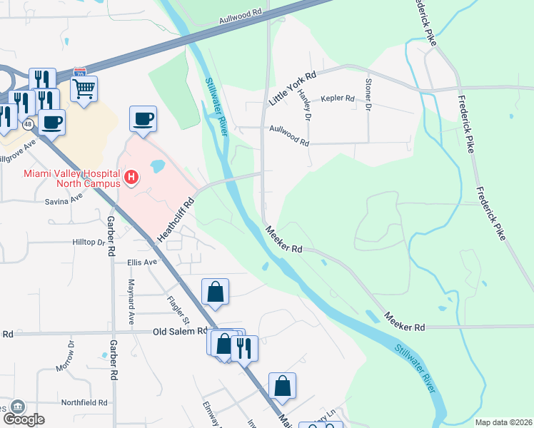 map of restaurants, bars, coffee shops, grocery stores, and more near 8542 Meeker Road in Dayton