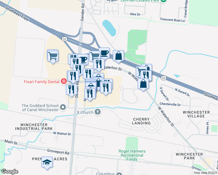 map of restaurants, bars, coffee shops, grocery stores, and more near 6674 Winchester Boulevard in Canal Winchester