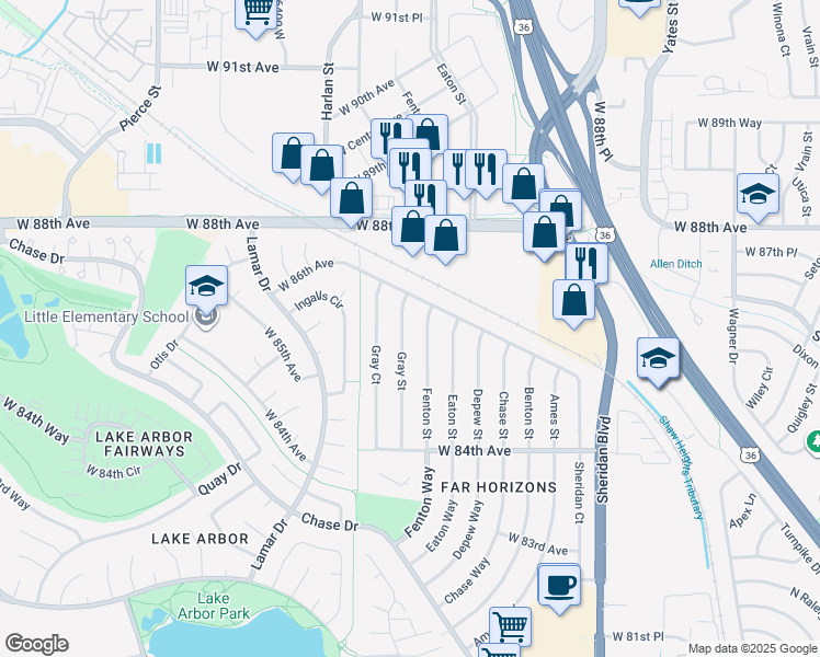 map of restaurants, bars, coffee shops, grocery stores, and more near 8579 Fenton Street in Arvada