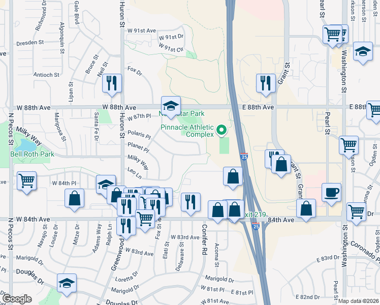 map of restaurants, bars, coffee shops, grocery stores, and more near 327 Polaris Place in Thornton