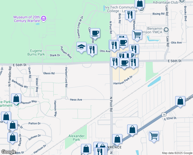 map of restaurants, bars, coffee shops, grocery stores, and more near 8899 East 56th Street in Indianapolis