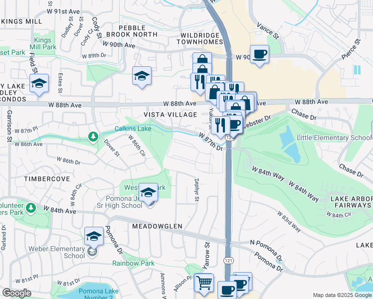 map of restaurants, bars, coffee shops, grocery stores, and more near 7770 West 87th Drive in Arvada