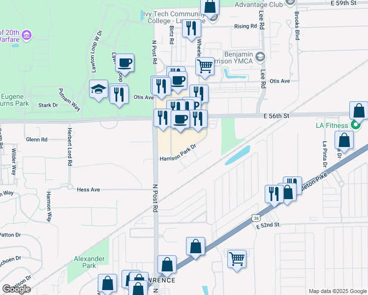 map of restaurants, bars, coffee shops, grocery stores, and more near 5401 North Post Road in Indianapolis