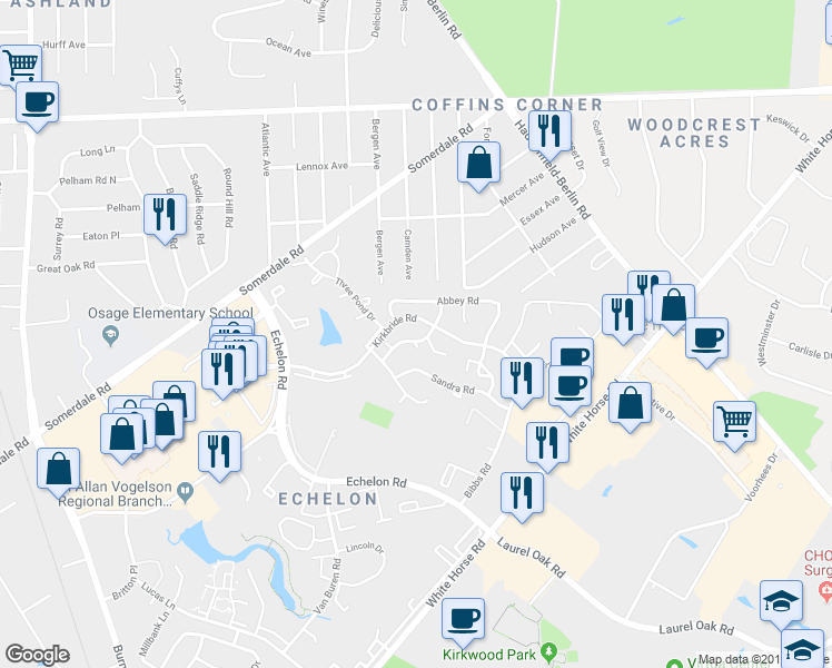 map of restaurants, bars, coffee shops, grocery stores, and more near 505 Gregorys Way in Voorhees Township