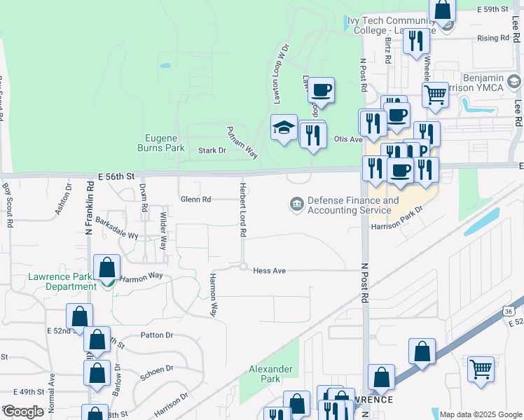 map of restaurants, bars, coffee shops, grocery stores, and more near in Indianapolis