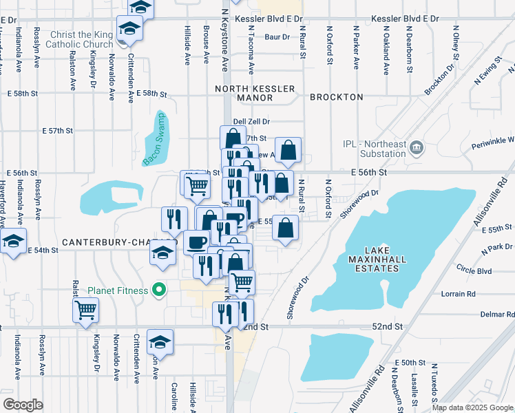 map of restaurants, bars, coffee shops, grocery stores, and more near 5535 North Keystone Avenue in Indianapolis