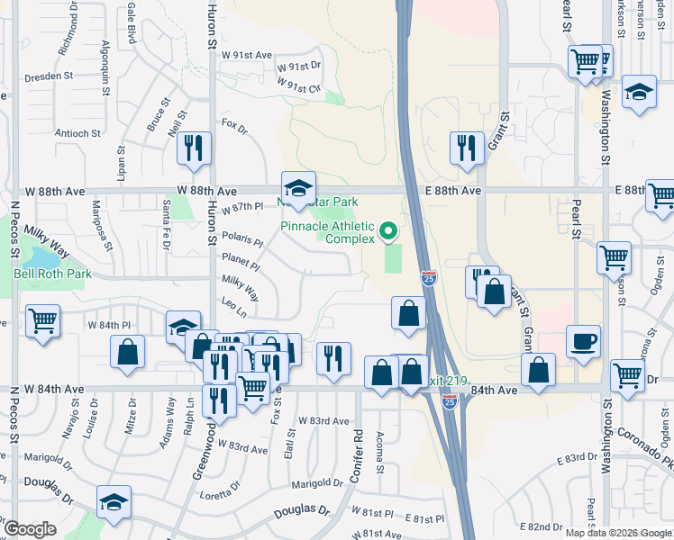 map of restaurants, bars, coffee shops, grocery stores, and more near 327 Polaris Place in Thornton
