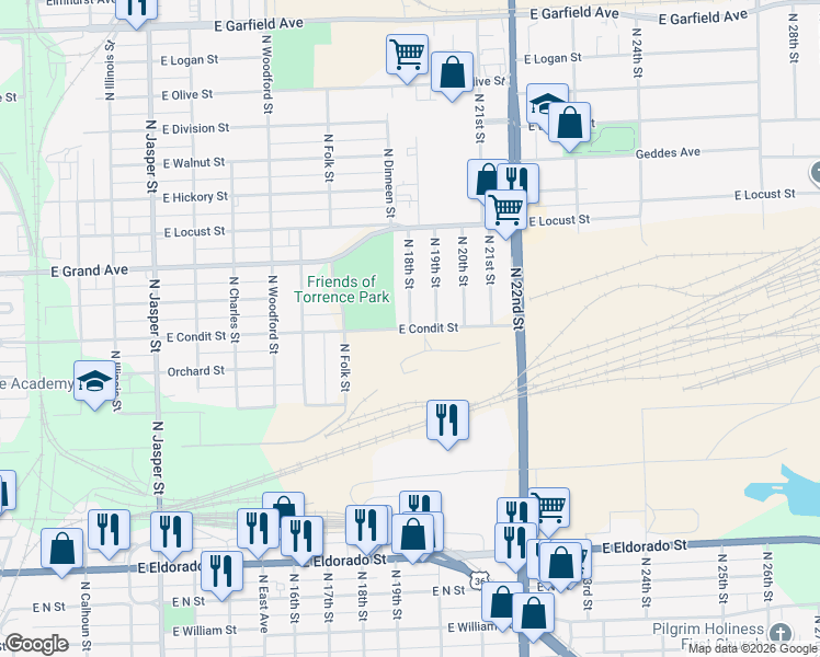 map of restaurants, bars, coffee shops, grocery stores, and more near 1800 East Condit Street in Decatur