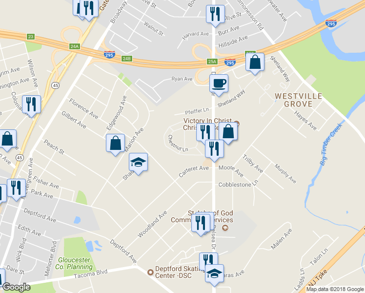map of restaurants, bars, coffee shops, grocery stores, and more near 801 Chestnut Lane in Westville