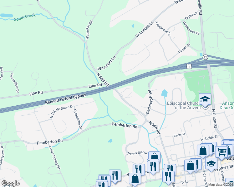 map of restaurants, bars, coffee shops, grocery stores, and more near 497 North Mill Road in Kennett Square